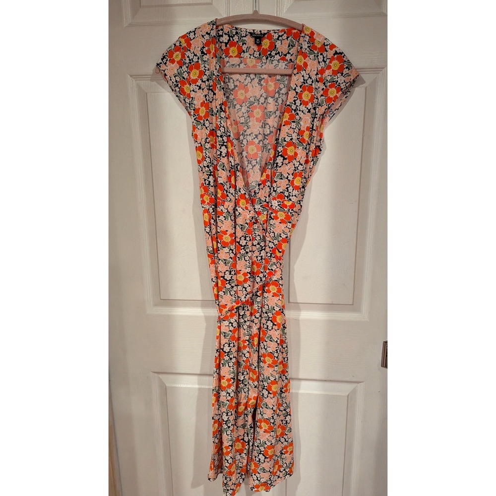 J.Crew Mercantile Floral Wrap Dress XS Orange Pink Short Sleeve Midi Boho Summer